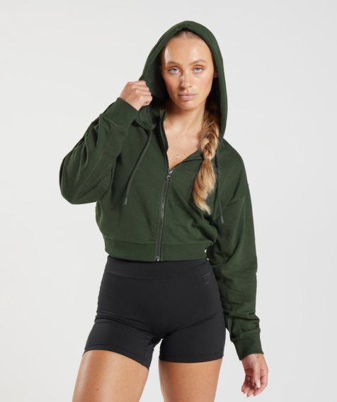 Women's Gymshark GS Power Cropped Zip Hoodie Olive | NZ 1XJCPW